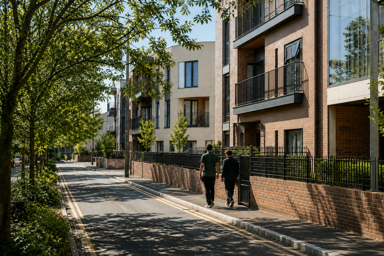 A well-maintained residential street in Cardiff with modern apartment buildings and two people walking along the pavement